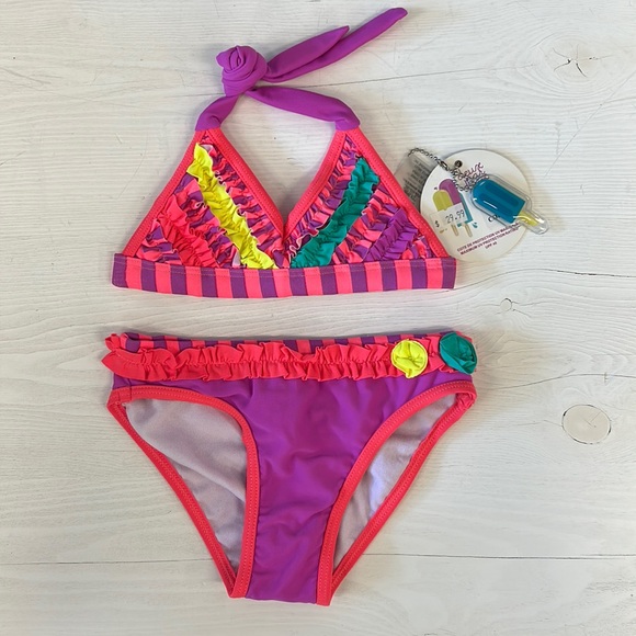 NWT deux par deux Vivid Pink Ribbon Triangle Bikini - Picture 1 of 7